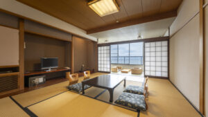 Tatami room with low table and floor chairs