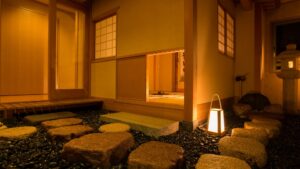 Private open-air bath area with stone flooring