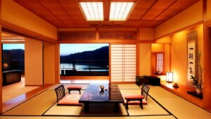 Tatami room with low table and floor chairs
