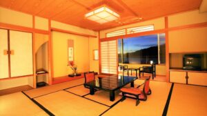 Tatami room with low table and floor chairs