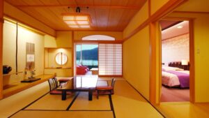 Tatami room with low table and floor chairs