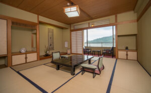 Tatami room with low table and floor chairs