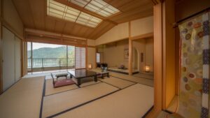 Tatami room with low table and floor cushions
