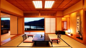 Tatami room with low table and lake-facing balcony