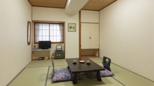 Tatami room with low table and floor cushions
