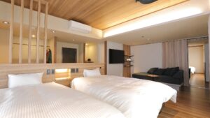 Two twin beds in a modern guest room