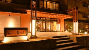 Ryokan entrance illuminated at night