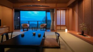 Tatami room with low table and chairs by window