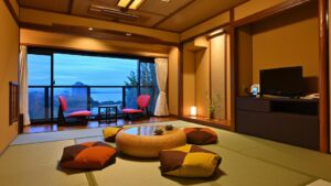 Tatami room with low table and floor cushions