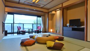 Tatami room with low table and floor cushions