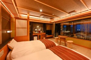 Twin beds in a Japanese-style guest room