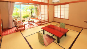 Habitación de tatami con mesa baja y sillas en el balcón
