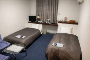 Two single beds in a compact guest room