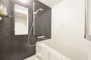 욕실의 샤워기와 거울이 있는 욕조