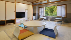 Tatami room with low table and floor chairs