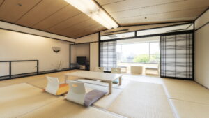 Tatami room with low table and floor chairs