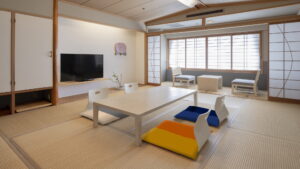 Tatami room with low table and floor cushions