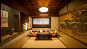 Tatami-Sitzbereich mit niedrigem Tisch und Bodensesseln