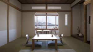 Habitación de tatami con mesa baja y sillas de suelo
