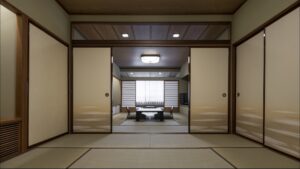 Camera in tatami con tavolo basso e sedie da pavimento