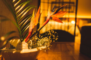 Decorative flowers in a warmly lit interior