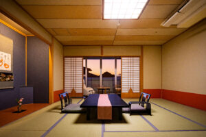 Tatami room with low table and floor chairs