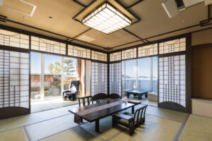 Tatami room with low table and floor chairs
