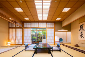 Tatami room with low table and floor chairs