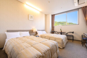 Twin beds in a guest room with window.