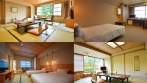Collage de interiores de habitación con tatami y dormitorio