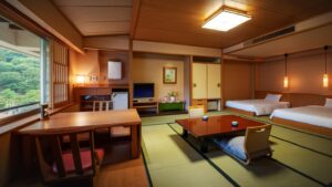 Habitación de tatami con mesa baja y dos camas individuales