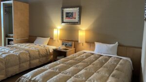 Dos camas individuales con mesita de noche y lámparas