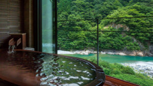 Baño privado junto a la ventana con vistas al río y al bosque