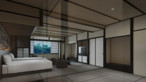 Chambre avec lits jumeaux et coin salon en tatami