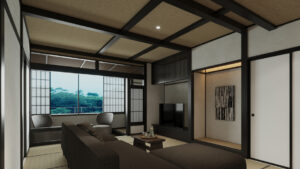 Chambre de style tatami avec canapé et table basse