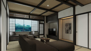 Chambre en tatami avec canapé, chaises et table basse