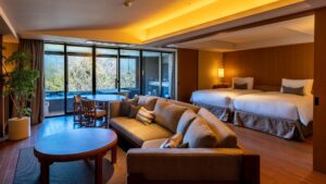 Camera con divano, letti singoli e bagno privato