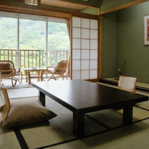 窗边带矮桌的榻榻米休息区