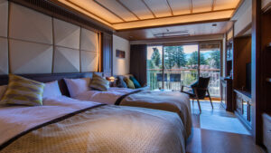 Lits jumeaux dans une chambre avec balcon.