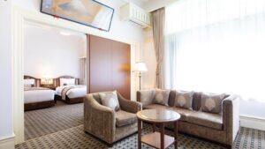 Sofá y sillón en la zona de estar de la habitación