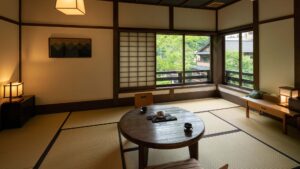 Camera in tatami con tavolo rotondo basso e posti a sedere vicino alla finestra