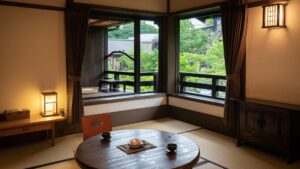 Camera in tatami con tavolo rotondo basso vicino alla finestra