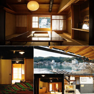 Collage di camera in stile giapponese, futon, vista sul porto ed esterno