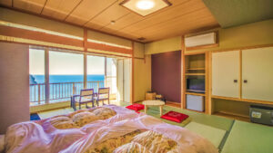 Futons in a tatami room facing the ocean
