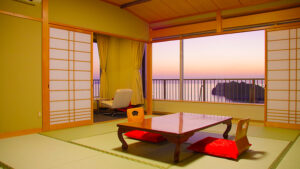Tatami room with low table and floor cushions