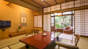 Tatami room with low table and chairs by window