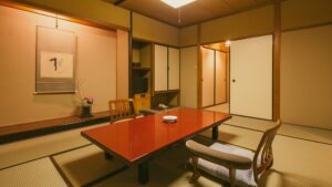 Tatami room with low table and floor chairs
