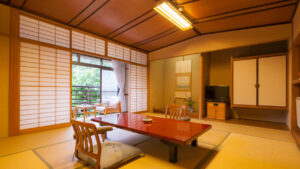 Tatami room with low table and floor cushions