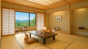 Habitación de tatami con mesa baja y sillas de suelo