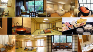 Collage di interni delle camere e dotazioni in camera